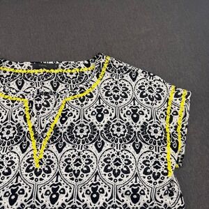 THML Women Small Black White Medallion Print Neon Yellow Embroidered Top TM3015